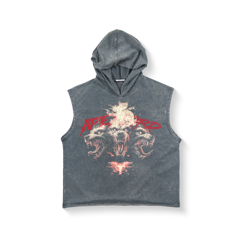 Acidwash Rugged Pitbull Cut Off Hoodies