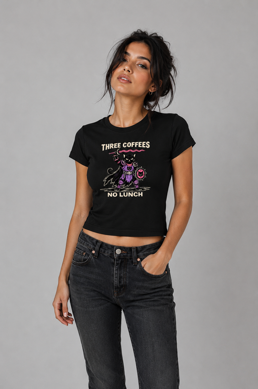 Black Three Coffees No Lunch Baby Tee