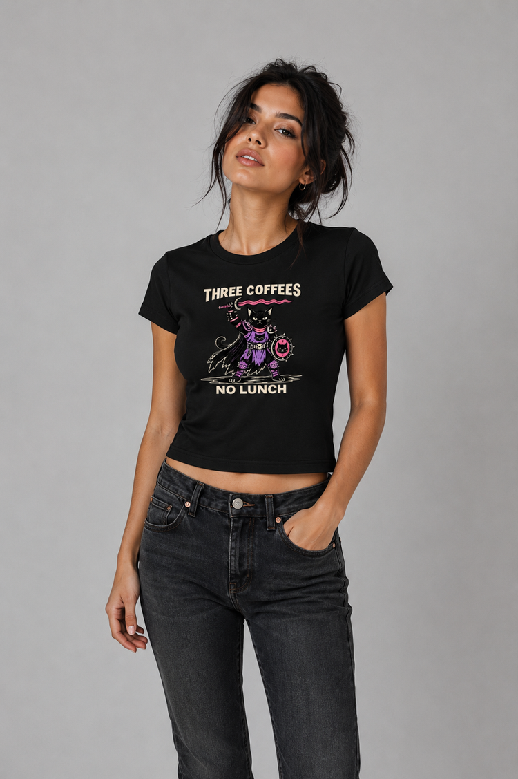 Black Three Coffees No Lunch Baby Tee