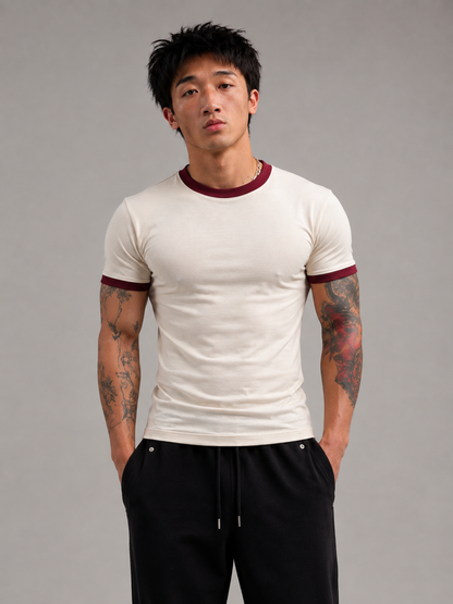 Off White & Maroon Ringer tee
