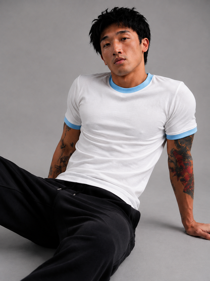 White & Sky Blue Ringer tee