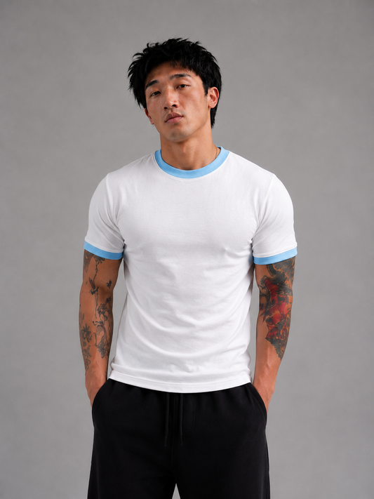 White & Sky Blue Ringer tee