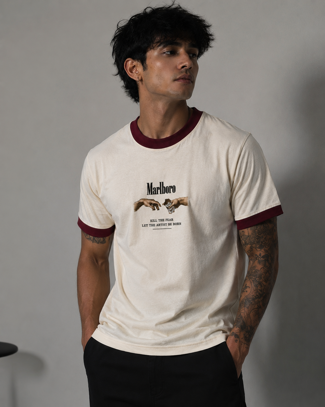 Ash Theory Off White & Maroon Ringer tee