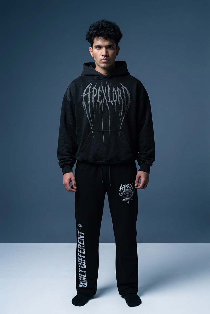 The same model in the APEXLORD Shadow Drip Hoodie