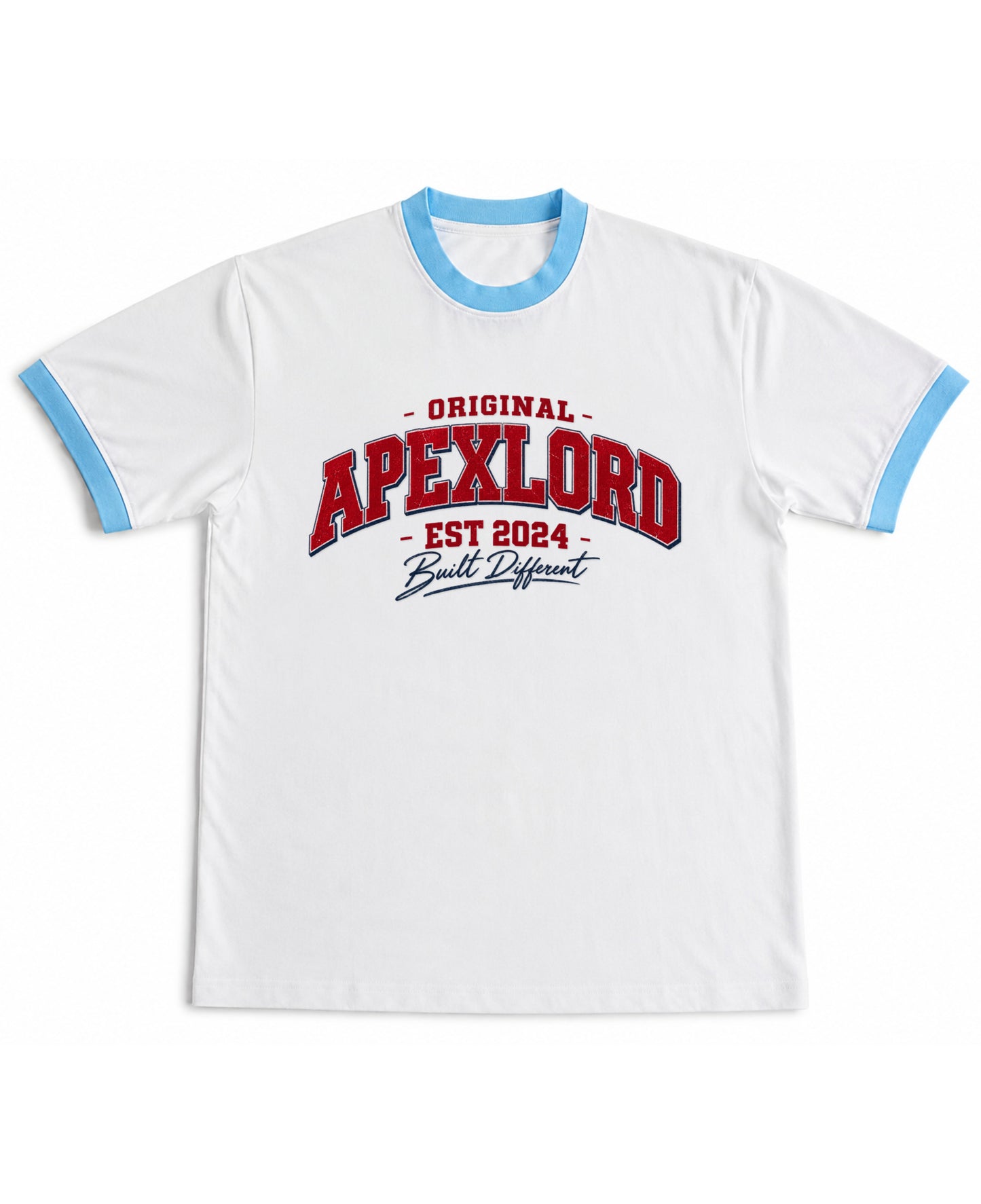 White & Sky Blue Ringer tee Front Design
