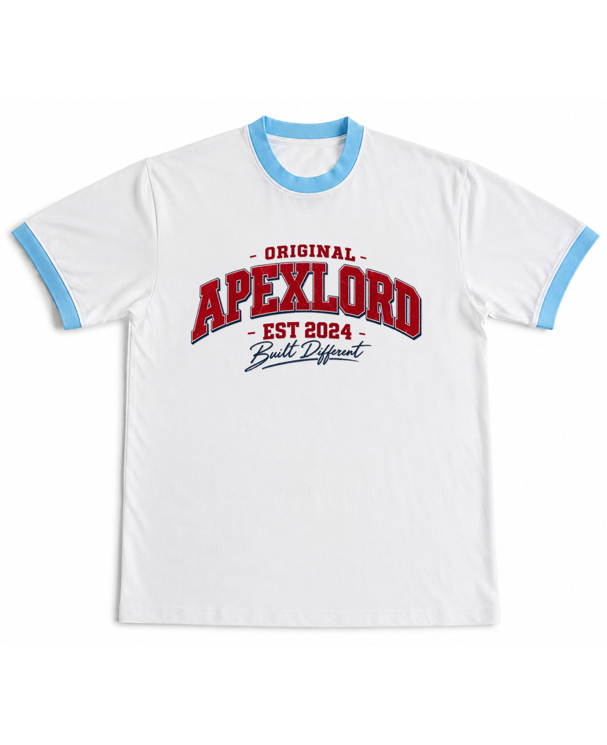 White & Sky Blue Ringer tee Front Design