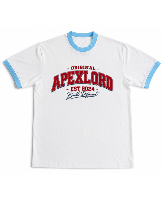 White & Sky Blue Ringer tee Front Design