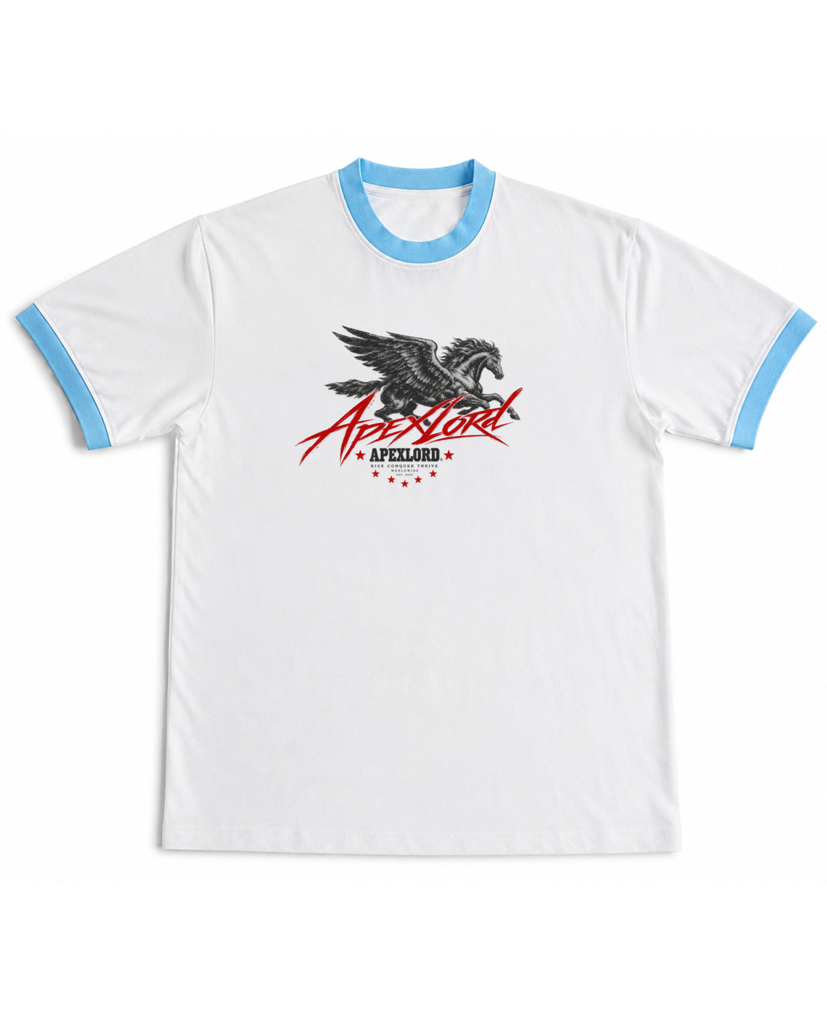 White & Sky Blue Ringer tee Front Design