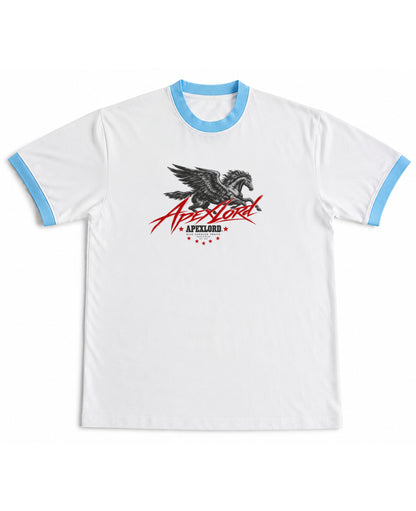 White & Sky Blue Ringer tee Front Design