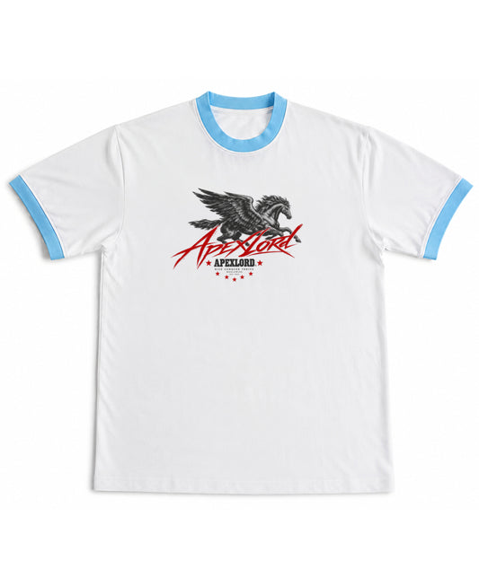 White & Sky Blue Ringer tee Front Design