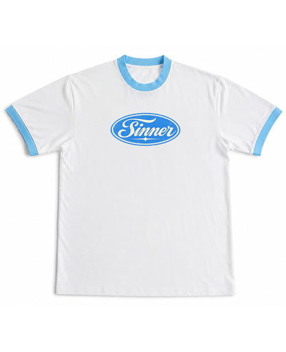 White & Sky Blue Ringer tee Front Design
