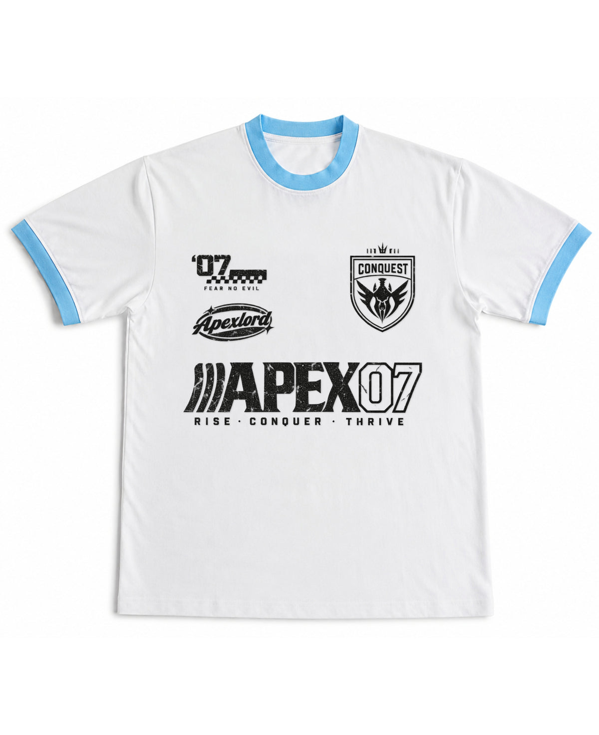 White & Sky Blue Ringer tee Front Design