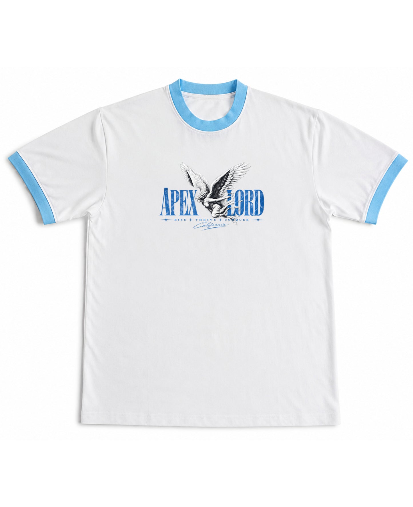 White & Sky Blue Ringer tee Front Design