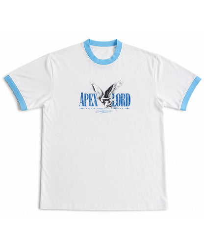 White & Sky Blue Ringer tee Front Design