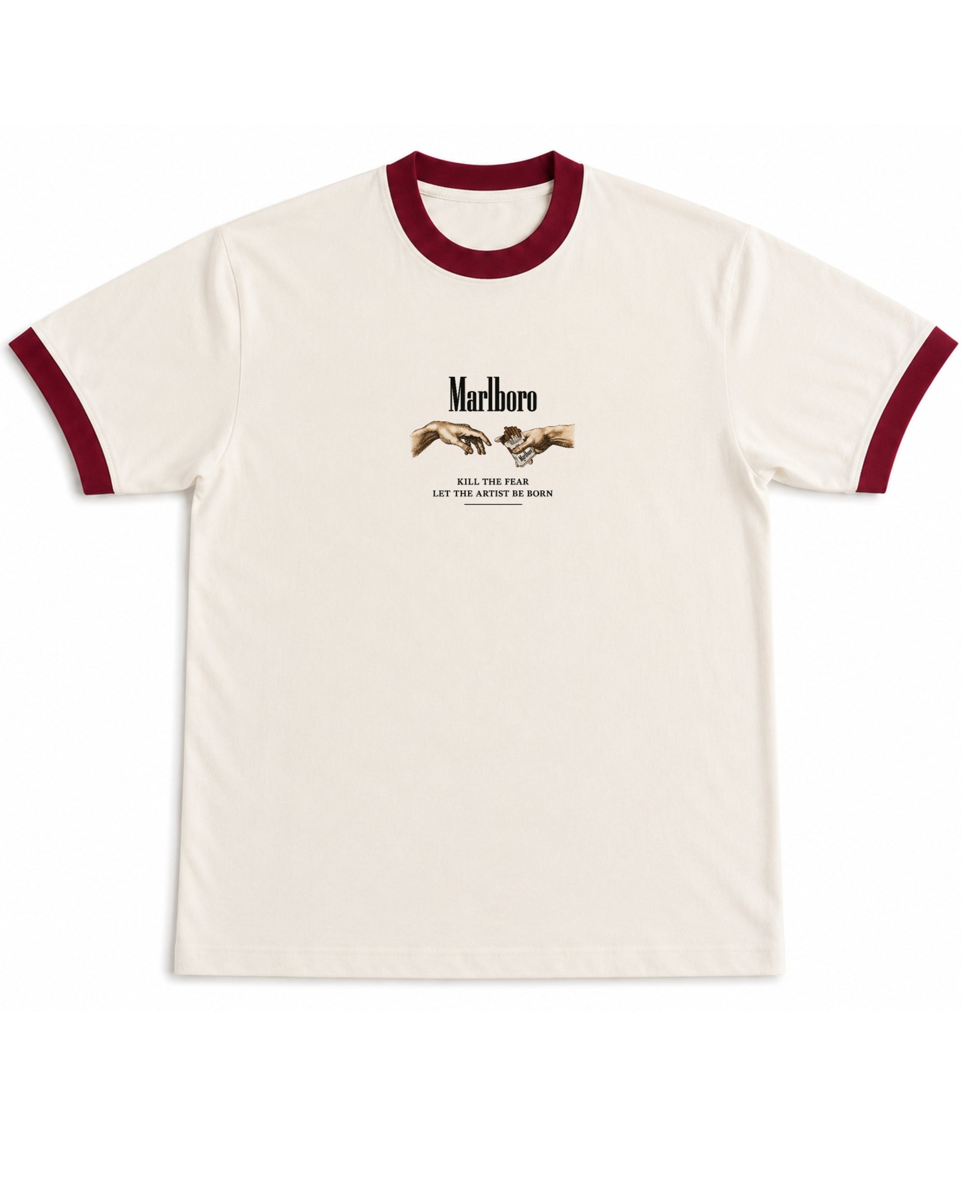 Off White & Maroon Ringer tee Front Design