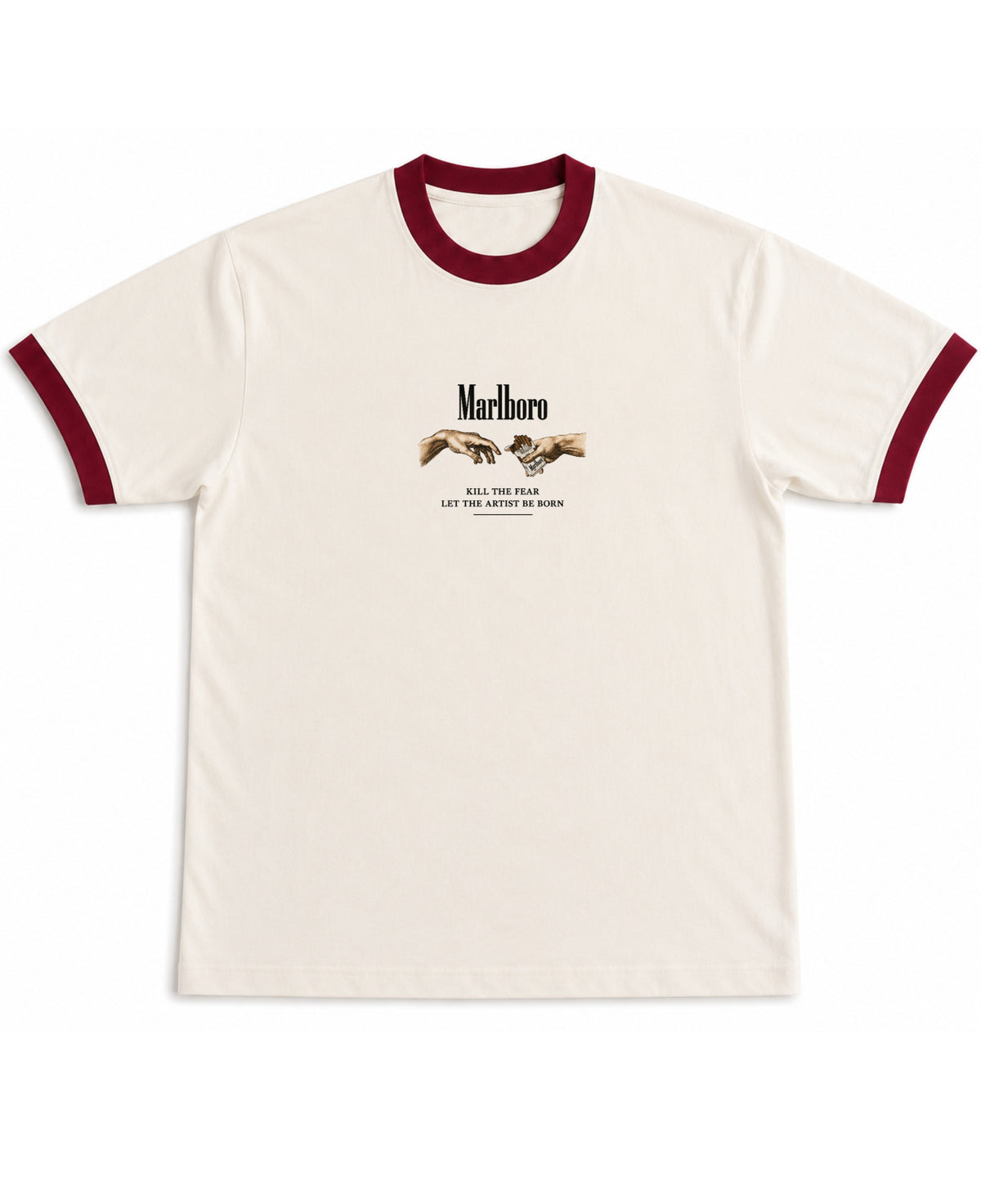 Off White & Maroon Ringer tee Front Design