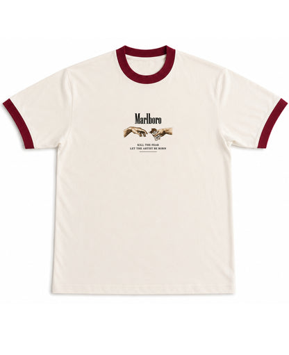 Off White & Maroon Ringer tee Front Design