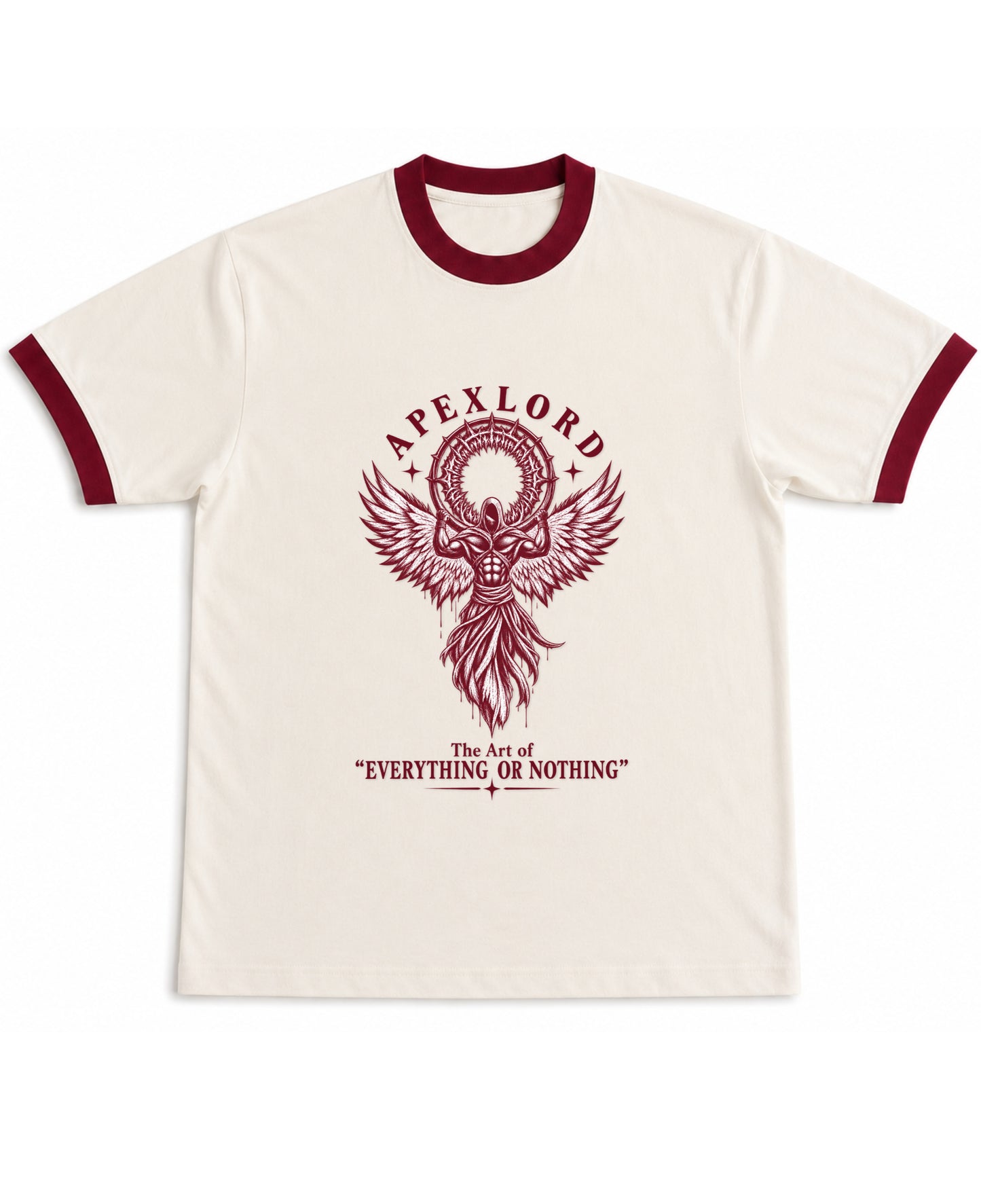 Off White & Maroon Ringer tee Front Design