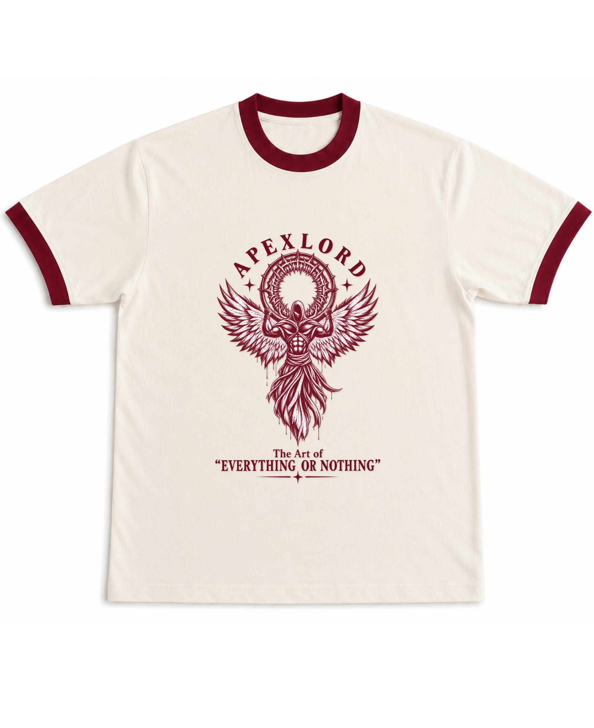 Off White & Maroon Ringer tee Front Design