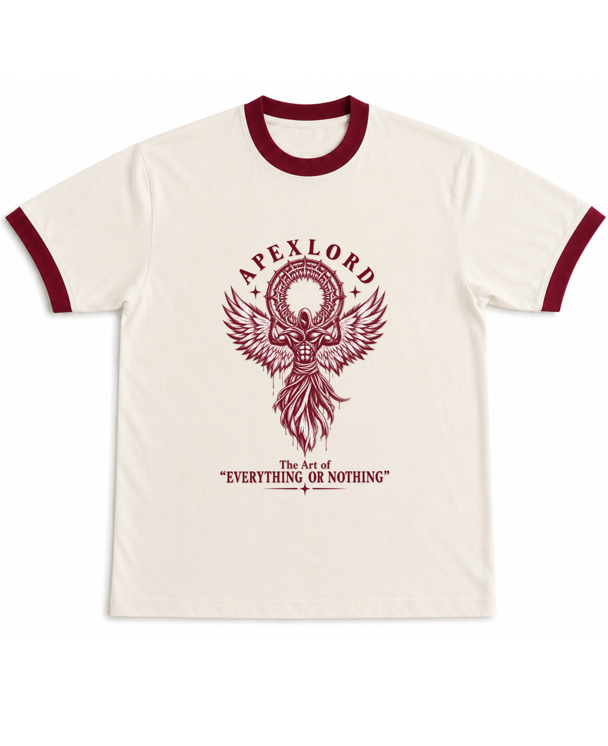 Off White & Maroon Ringer tee Front Design
