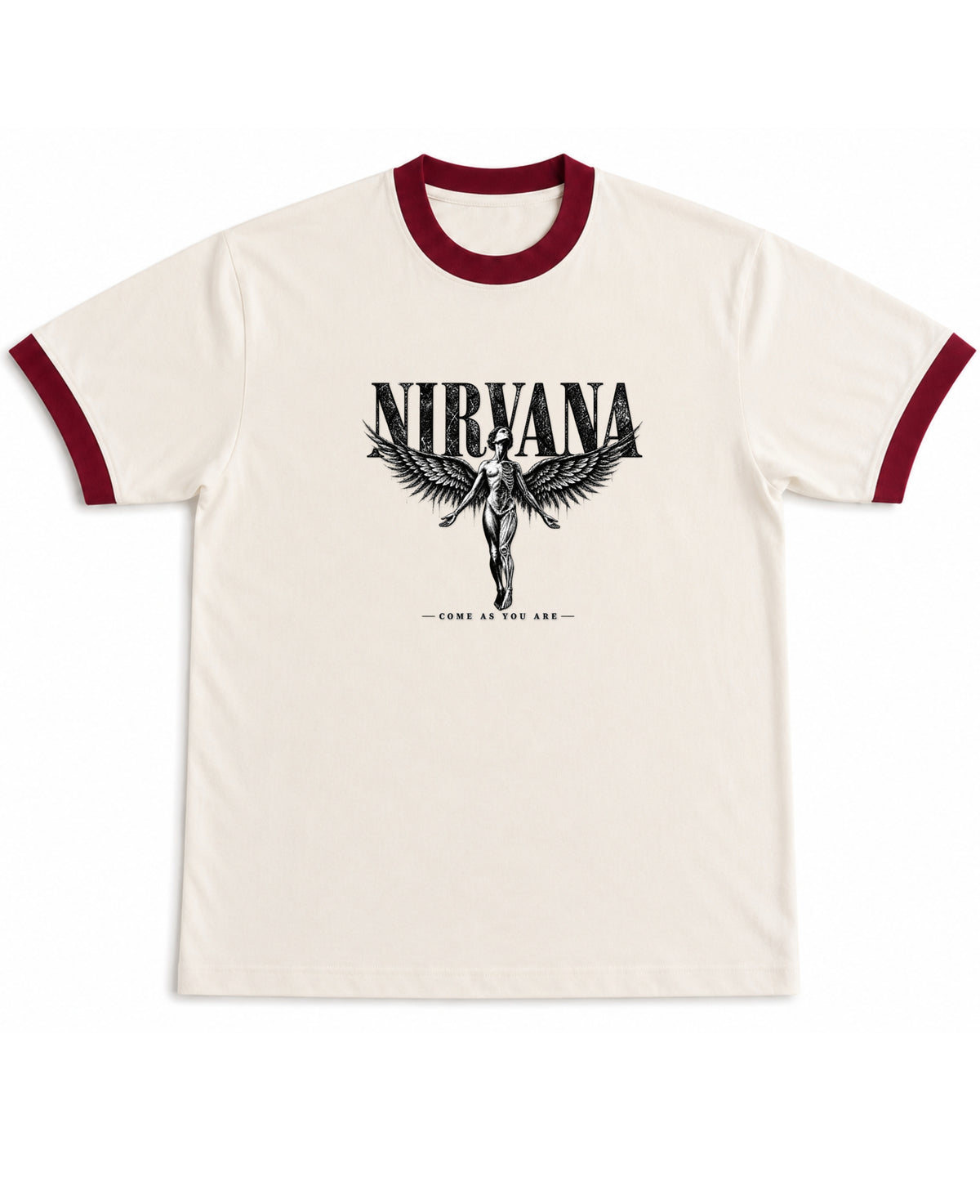 Off White & Maroon Ringer tee Front Design