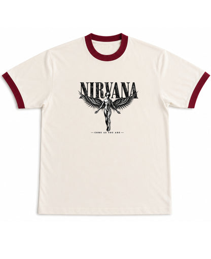 Off White & Maroon Ringer tee Front Design