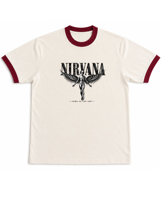 Off White & Maroon Ringer tee Front Design