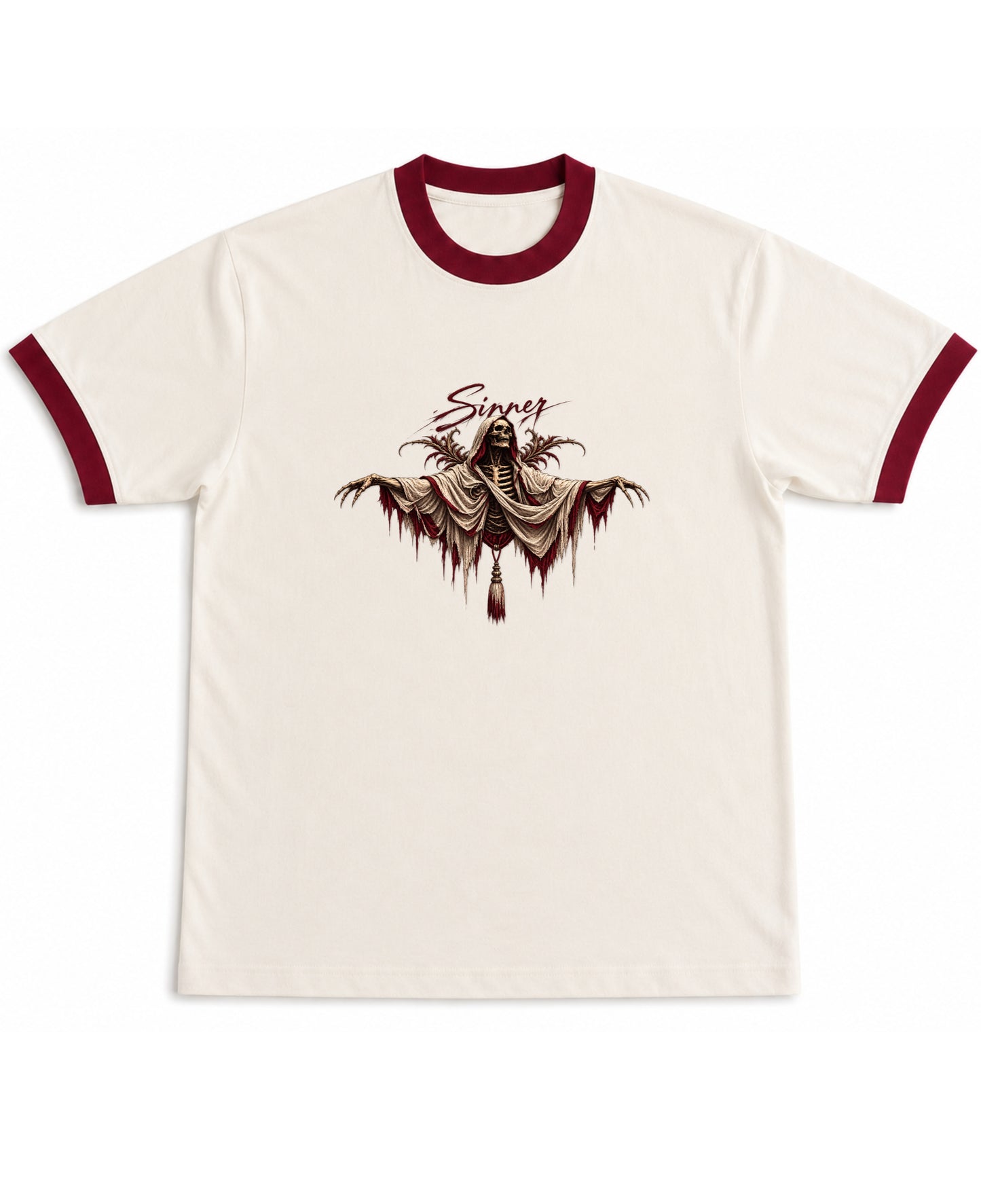 Off White & Maroon Ringer tee Front Design