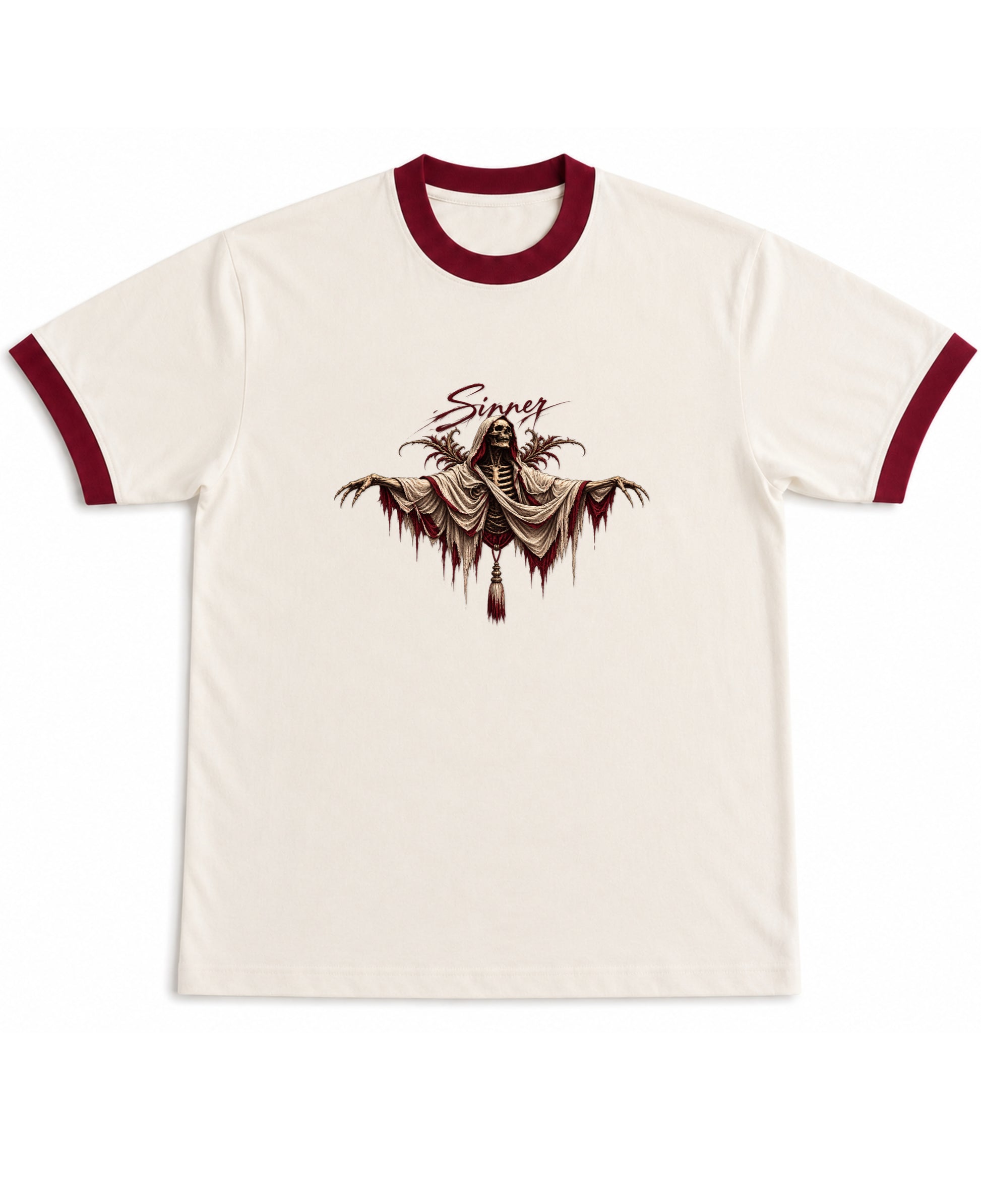 Off White & Maroon Ringer tee Front Design