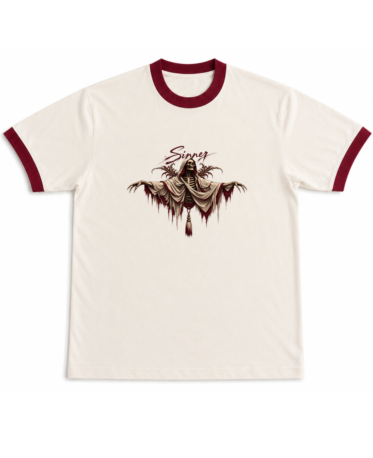 Off White & Maroon Ringer tee Front Design