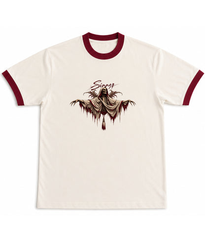 Off White & Maroon Ringer tee Front Design