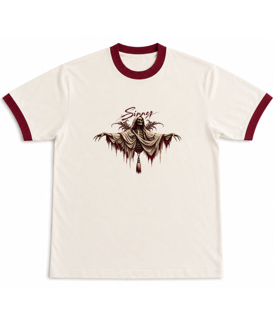 Off White & Maroon Ringer tee Front Design